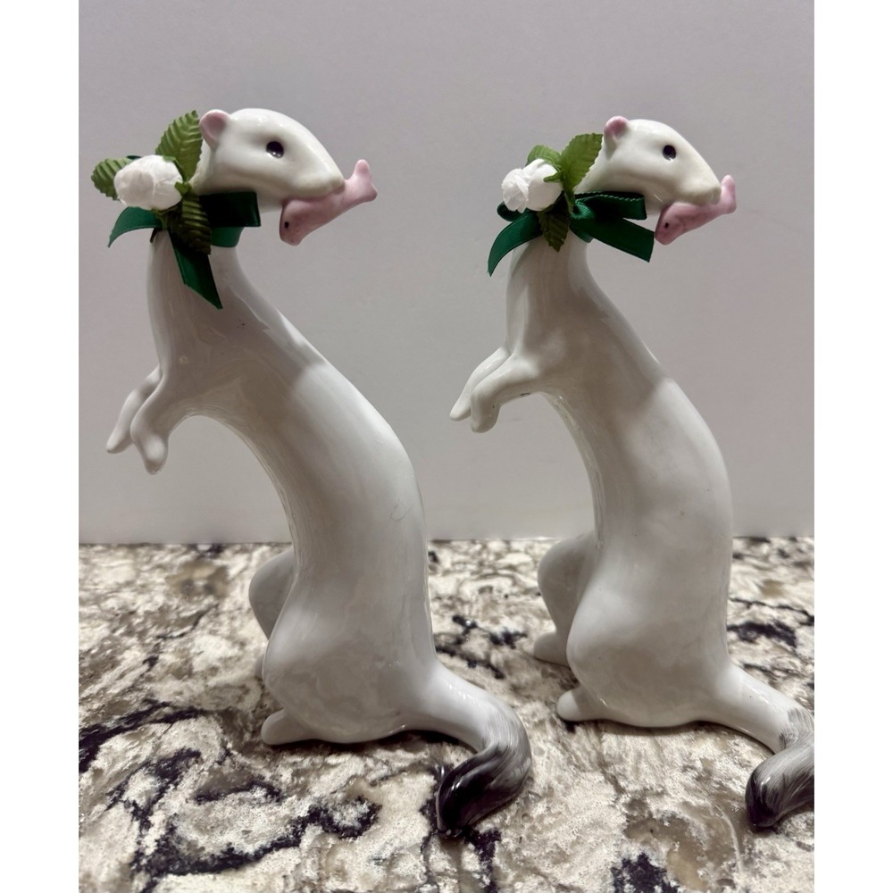 Vintage Mink Stoat Weasel Ferret Porcelain Figurine Pair MCM Mid Century